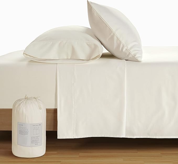LANE LINEN 100% Cotton Full Size Sheets Set 600 Thread Count, Luxury Hotel Style Sateen Weave for Silky Soft Finish, Machine wash Bedding Sheets & Pillowcase Set, Deep Pocket Full Sheets - Ivory