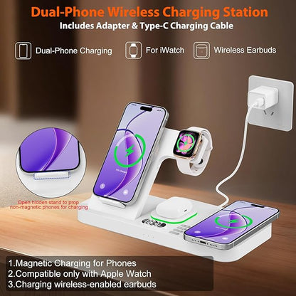 Dual Phone Magnetic Wireless Charging Station for Apple Devices/Apple Ecosystem,with Auto-Switch 7-Color Light & Clock, Compatible with iPhone 17/16/15, for iWatch 11/10/9 & AirPods Pro3（White