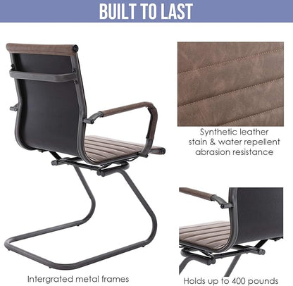 Wahson Office Guest Chairs No Wheels & Reception Chairs, Leather Waiting Room Chair Mid Back Conference Chair with Sled Base for Meeting/Lobby/Restroom, Brown (8 Pack)