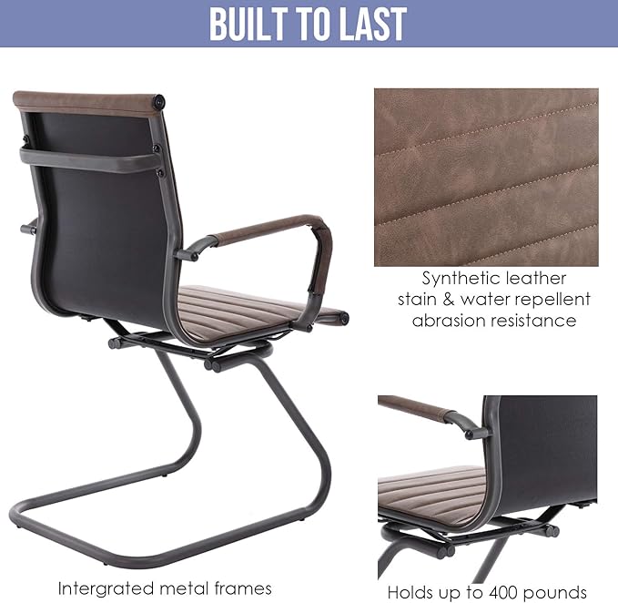 Wahson Office Guest Chairs Set of 2, Leather Reception Chairs, Mid Back Waiting Room Chair, Conference Chairs with Sled Base for Meeting/Lobby/Restroom, Brown