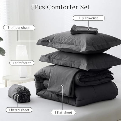 JOLLYVOGUE Twin XL Comforter Set, Ultra-Soft Bed in a Bag Twin XL Size 5 Pieces, Oeko-TEX Certified Bedding Set with Down Alternative Comforter, Sheets, Pillowcases & Shams, Dark Grey