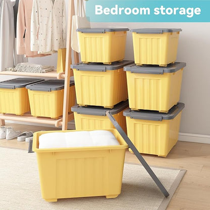 Nazhura Plastic Storage Bin, Stackable and Nestable Storage Boxes with White Lids and Secure Latching Buckles, Large Storage Container (Yellow/Purple, 72Quart-4Pack)