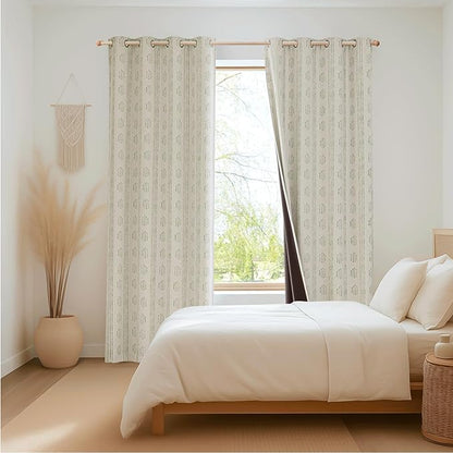 100% Boho Blackout Curtains 90 Inches Long for Bedroom, Green on Beige Patterned Bohemian Curtains for Living Room, Geometric Striped Thermal Insulated Window Drapes Gromment Top 2 Panels