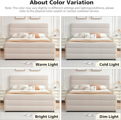 VELOCAVA Full Size Upholstered Platform Bed Frame with Storage Drawers, Tall Headboard and Footboard, Modern Fabric Bed with Slatted Support, No Box Spring Needed, Space-Saving Design for Bedroom