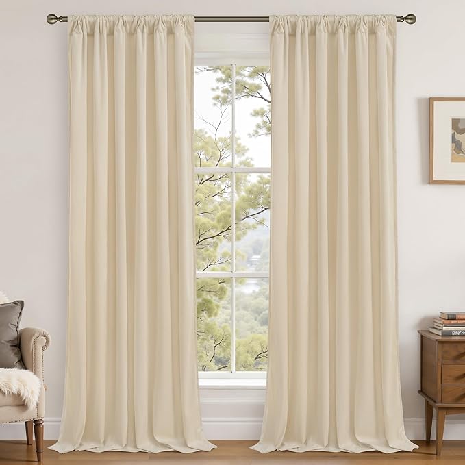 LAMIT Beige Velvet Panels for Living Room 84 Inches Long, Elegant Thermal Insulated Curtains Back Tab and Rod Pocket Drapes for Classical Bedroom, 2 Panels, 52 x 84 Inch