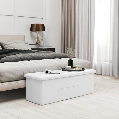 Giantex 43 Inches Folding Storage Ottoman Bench, Upholstered PU Leather Storage Chest with Side Pocket, Padded Seat, End of Bed Bench, Collapsible Ottoman Foot Rest for Living Room, Bedroom & Entryway