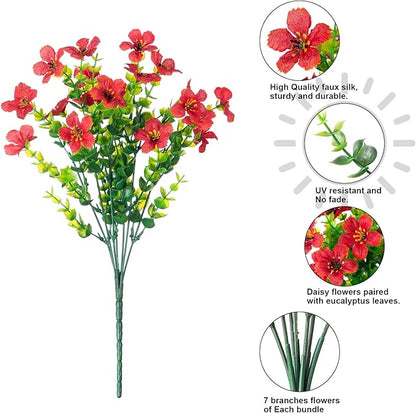HyeFlora Artificial Flowers for Outdoor Indoor Garden Home Decoration, Faux Flower Daisy with Eucalyptus Leaves Fake Plants Greenery Boxwood Porch Patio, 12 Bundles (Red)