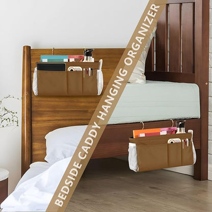 KOPIRIT Brown Bedside Caddy Storage Bag Bedside Organizer for Bunk Bed Headboards College Organizer Caddy Hanging Shelf 6 Pockets with Hooks for Drinks Magazine Phone Holder