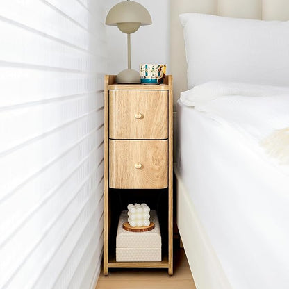 Small Nightstand Set of 2, Wood 2 Drawer Narrow Nightstand, Slim Side Table, Modern Skinny End Bedside Table, Natural Wood Night Stand with Drawers for Bedroom (Natural-2 pcs)