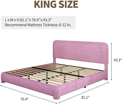 BarnFurin King Size Boucle Bed Frame and Headboard, Cloud Upholstered Platform Bed Frame, Soft Rounded Corners, Modern Style, No Box Spring Required, Easy Assembly, Rose Pink