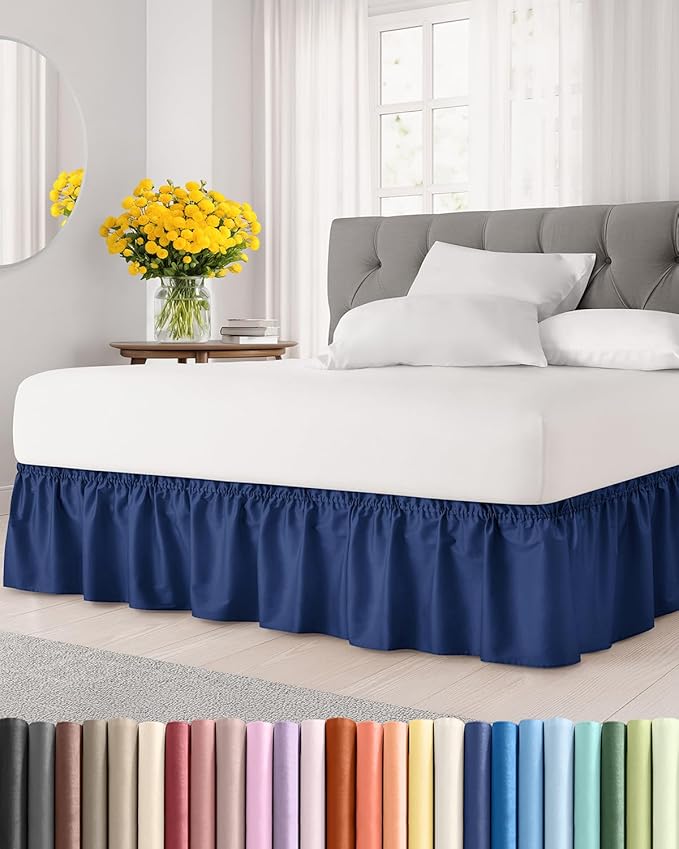 Wrap Around Dust Ruffle Bed Skirt - Navy Blue - for Queen Size Beds with 18 Inch Drop - Elastic Strap - Adjustable Pleated Bedskirt with Brushed Fabric and Wrinkle Free - for Women, Men, Kids & Teens
