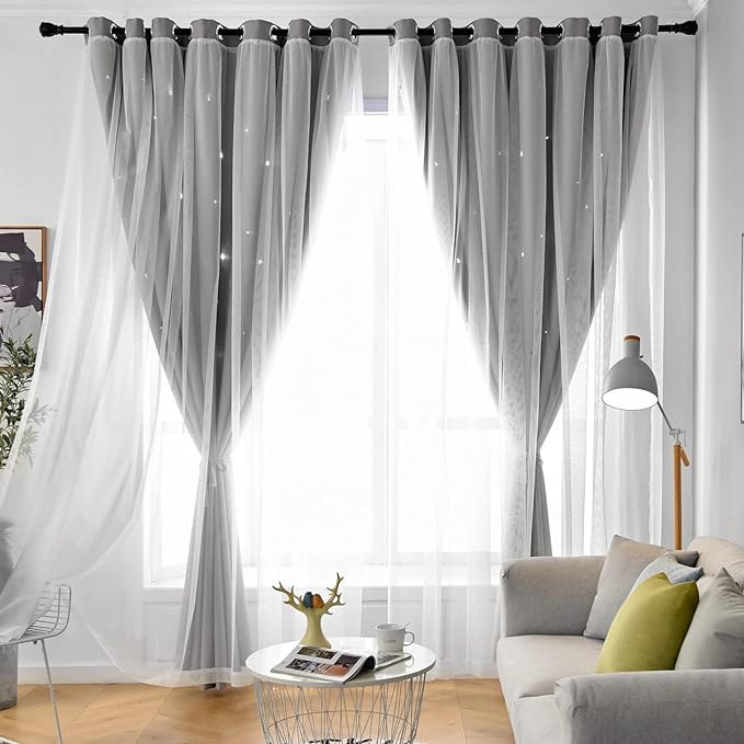 Star Double Layer Blackout Curtains for Bedroom & Kids, 84 Inch Long 2 Panel Set, Grey, 42 x 84 Inch
