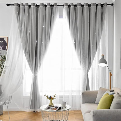 Star Double Layer Blackout Curtains for Bedroom & Kids, 84 Inch Long 2 Panel Set, Grey, 42 x 84 Inch