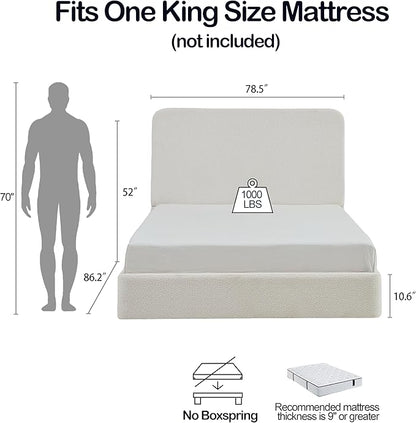 King Size Upholstered Bed Frame, 52" High Headboard Wingback Bedframes, Canter Tall Headboard Floor Platform Beds, No Box Spring Needed No Noise/Easy Assembly/Minimalist, Pearl White Chenille