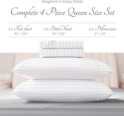 Carressa Linen Luxury Egyptian Cotton Queen Stripe Sheet Set - 600 Thread Count Extra Long Staple 4 PC Set, Crisp White Queen Damask Sheets, Soft, Cooling Sateen Weave Sheets Upto 18 in Deep Pocket
