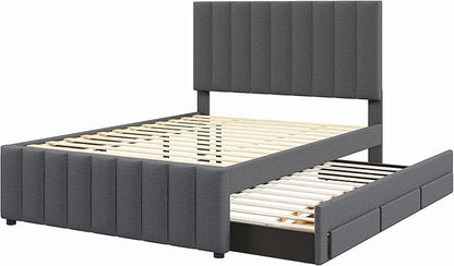 Bellemave Full Size Bed Frame with Twin Trundle Bed and Storage Drawers,Linen Upholstered Bed Frame,Full Size Trundle Bed with Adjustable Headboard for Kids Teens Adults,Gray