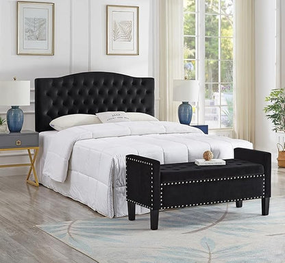 24KF Velvet Modern Upholstered Tufted Button Storage Bench with Arms for Bedroom,Entryway Living Room Soft Padded Seat-Black