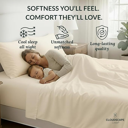 Cloud Scape Linen 100% Egyptian Cotton Sheets Full Size, 4 Pieces Luxury Bedding Set, 400 Thread Count,Hotel Quality, Silky Soft, Deep Pockets up to 17, Ivory