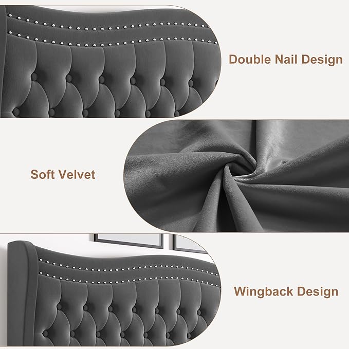 Upholstered Full Size Bed Frame with Tall Headboard, Velvet Wingback Platform Bed Frame with Deep Button Tufted, No Box Spring Needed, Noise Free, Grey