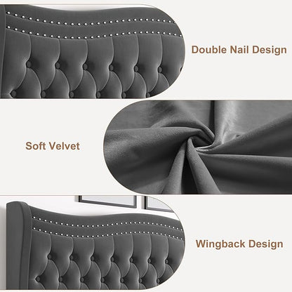 Full Bed Frame with Tall Headboard & Footboard, Velvet Upholstered Platform Bed Frame with Deep Button Tufted Wingback, No Box Spring Needed, Noise Free, Grey