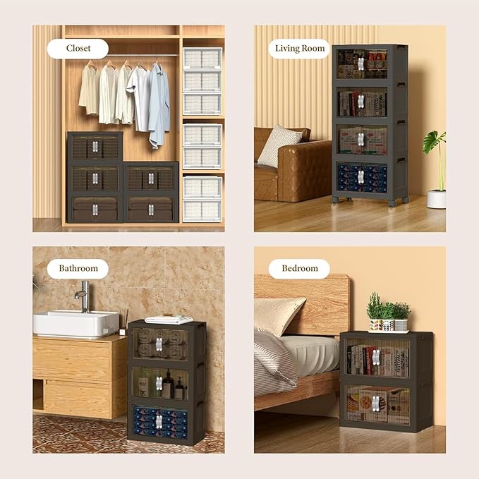 Stackable Storage Bins with Lid & Drawers, Large Foldable Collapsible Storage Containers Bin with Doors & Wheels, Folding Plastic Storage Boxes for Home, Pantry, Office (S, Gray 4-Tier)