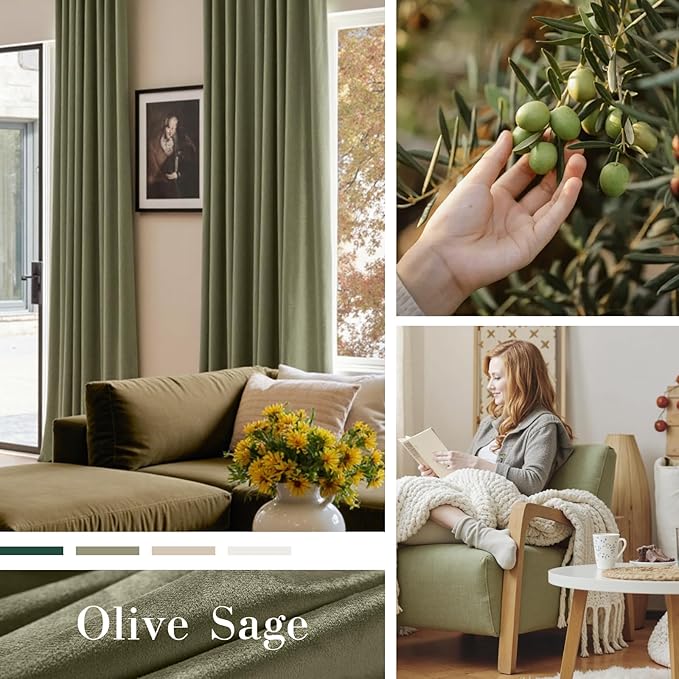 Lazzzy Velvet Blackout Curtains Thermal Insulated Room Window Drapes Super Soft Luxury Curtains for Living Room Bedroom Rod Pocket 2 Panels, Olive Sage, 52" W x 102" L
