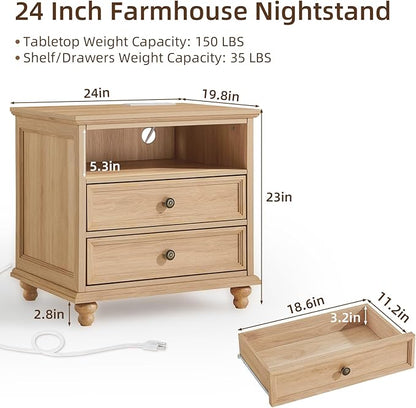 24" Wide Farmhouse Nightstand with Charging Station, End Table with 2 Drawers, Natural Wood Dresser for Bedroom Cabinet, Bed Side Table Chest of Drawers, Night Stand for Living Room, Closet