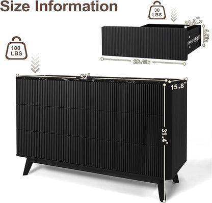 Fluted 6 Drawers Dresser for Bedroom,52" Wide Handleless Chest of Drawers with Faux Marble Top, Wooden Dresser TV Stand, Wood Drawer Organizer for Living Room, Hallway, Black