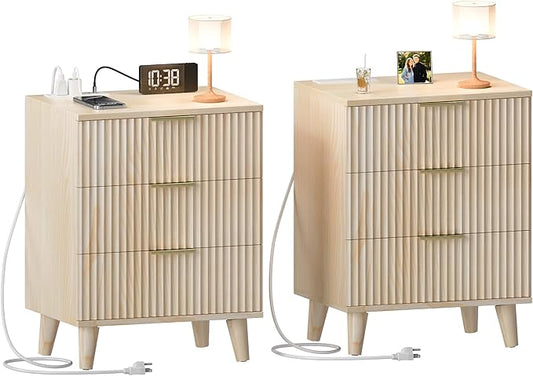 Fluted Night Stand Set of 2 with USB Charging Station, 3-Drawer Dresser Wood Modern Night Stand Bedside Table with Quiet Drawers & Large Storage End Table for Bedroom