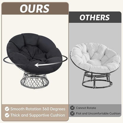 46" Giant Oversized Rattan Papasan Chair with Cushion and Frame for Adults, Fluid 360° Swivel, Waterproof, Grey Frame with Black Cushion