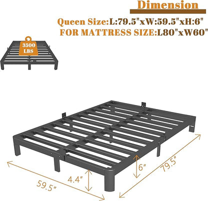 Queen Bed Frame 6 Inch Black, Metal Bed Frame Queen Size with Gaskets, No Box Spring Need, Heavy Duty Steel Platform Support, Round Corner Design, Reserved Holes, Noiseless, Easy Assembly