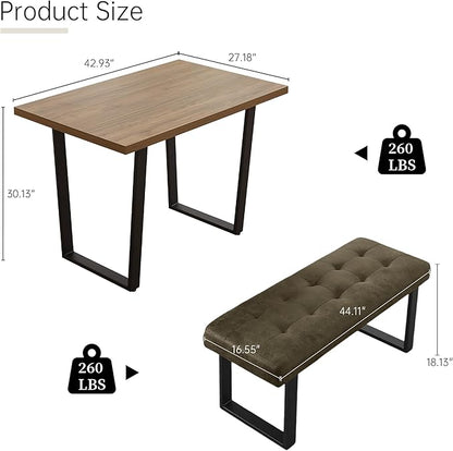 3-Piece Corner Dining Table Set with Bench, 70 Inch Space-Saving Breakfast Nook for Kitchen & Dining Room(Walnut Table+Right Seat Brown Bench)