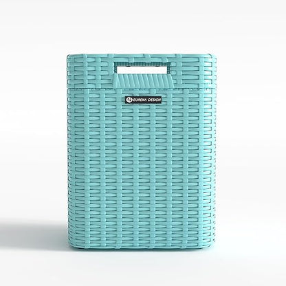 Ypati Handwoven 4 Gallon Rattan Trash Can with Lid, Boho Style Decorative Indoor and Outdoor Trash Bin with Shelf, Waste Basket for Bathroom, Kitchen, Patio, with Trash Bags, Turquoise Blue, Eureka