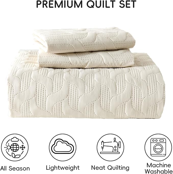 Yiran Beige Quilt Set King Size Lightweight Bedspread Ultrasonic Wave Pattern Soft Microfiber Coverlet for All Season Modern Style 3 Piece Bed Cover Sets with 2 Pillow Shams (106"x96")