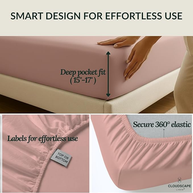 Cloud Scape Linen 100% Egyptian Cotton California King Sheet Set, 400 Thread Count,4 Pieces Luxury Bedding Set, Hotel Quality, Silky Soft, Breathable and Durable, Deep Pockets up to 17, Sepia Rose