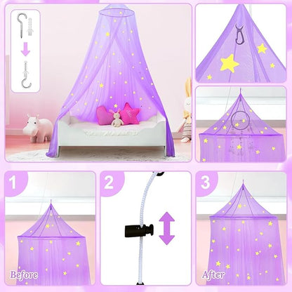 South to East Princess Bed Canopy for Girls with Glowing Stars, Purple Canopy for Girls Room, Bed Canopy Curtains from Ceiling for Twin Beds, Full Size Beds, Ideal Gift for Kids