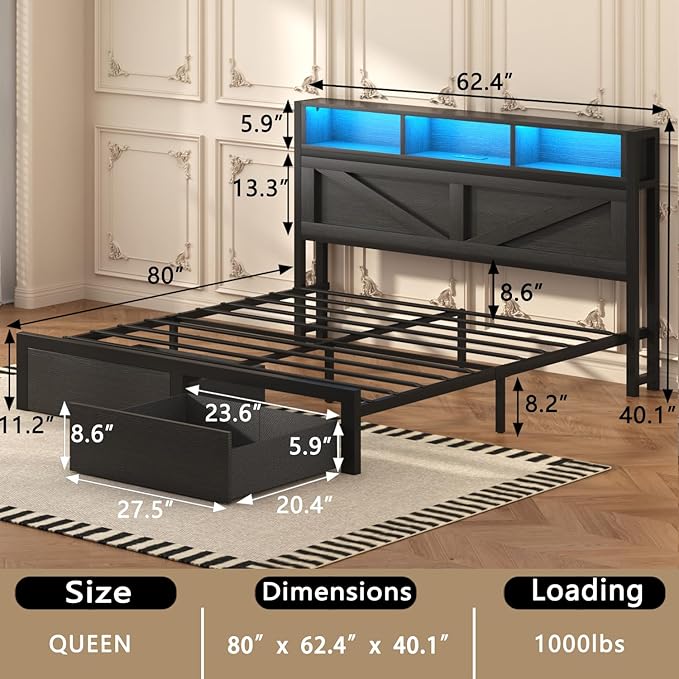 Farmhouse Queen Bed Frame with Bookcase Storage Headboard, Charging Station, LED Light and 2 Storage Drawers, Noise Free, No Box Spring Needed, Black