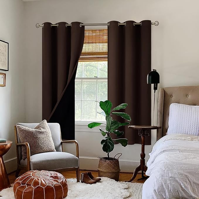 BGment Thermal Insulated 100% Blackout Curtains for Bedroom with Black Liner, Double Layer Full Room Darkening Noise Reducing Grommet Curtain (42 x 63 Inch, Brown, 2 Panels)