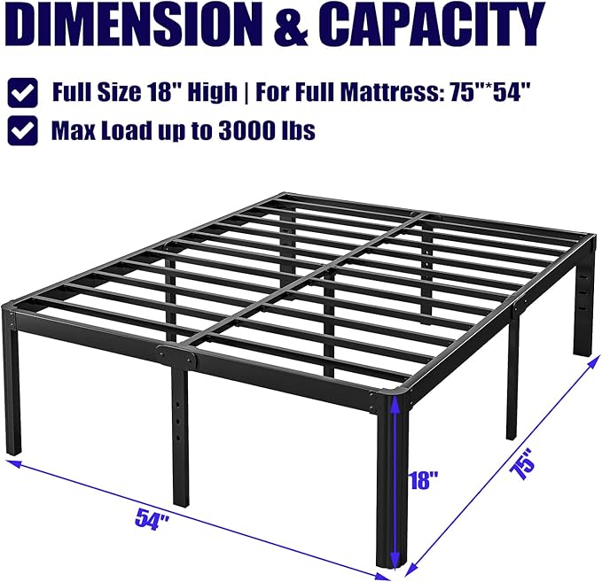 Hunlostten 18in Full Size Bed Frame No Box Spring Needed, Heavy Duty Metal Platform Bed Frame Full with Round Corners, Easy Assembly, Noise Free, Black