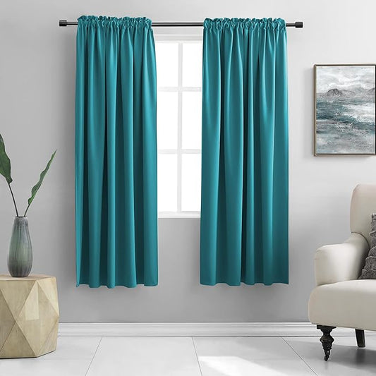 DONREN 72 Inch Length Teal Curtains for Kitchen - Small Window Treatment Room Darkening Rod Pocket Curtain Drapes(52 W x 72 L,Set of 2 Panels)
