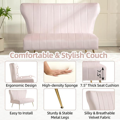 50’’ Armless Loveseat Sofa, Comfy Upholstered Velet Small Couch Sofa with Gold Legs, 2 Seater Tufted Modern Couch for Living Room, Bedroom, Apartment Small Space (Light Pink)