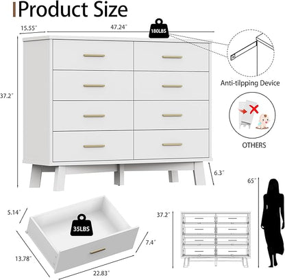 Dresser for Bedroom, 8 Drawer Wide Modern Chest of Drawers with X-Shaped Sturdy Base, Wood Double Dresser Closet Clothes Storage Organizer, Wooden TV Stand for Living Room, Hallway, White