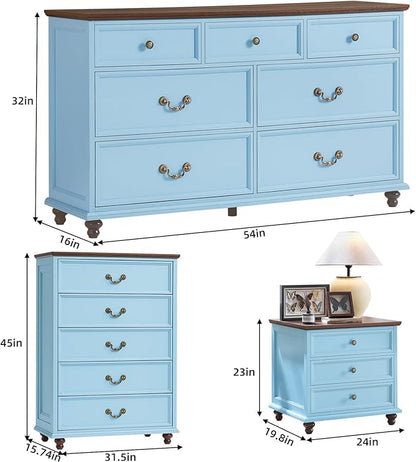 24" Wide Farmhouse Nightstand Set of 2, 54" 7 Drawers Dresser, 45" Tall Rustic Chests of 5 Drawers w/ 4 Solid Wood Feet, Farmhouse Furniture Series for Living Room,Bedroom,LightBlue
