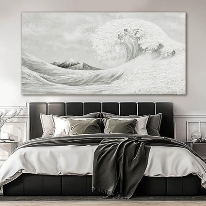 YETHEN WAL Neutral Grey Wave Wall Art – Textured Coastal Canvas Print with Hand-Painted Details, Minimalist Modern Seascape for Living Room Bedroom, 24×48 Inch