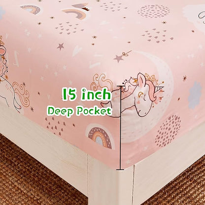 JSD Pink Unicorn Kids Sheet Set Full Size, 4 Piece Girls Rainbow Printed Microfiber Bed Sheets Deep Pocket