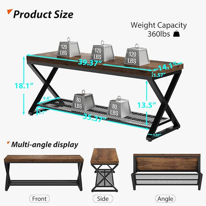 LVB Rustic Entryway Bench with Shoe Storage, Wooden and Metal Shoe Bench with Seating, Industrial Indoor Bench for Living Room Bedroom, Shoe Rack Bench for Foyer Hallway Entrance, Rustic Brown, 39 in