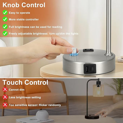 Industrial Table Lamps for Bedrooms Set of 2 - Fully Dimmable Bedside Lamps with USB A and C Ports and Outlet, Nickel Nightstand Lamps with Glass Shade for Living Room, Desk Lamps for Office Reading