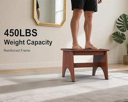 One Step Stool for Adults Seniors with Non-Slip Rubber Stepping Feet, 12" Heavy Duty Wooden Step Stools with 450 LBS Capacity Bed Steps for High Beds, Bathroom, Bedroom, Kitchen & Bedside Support