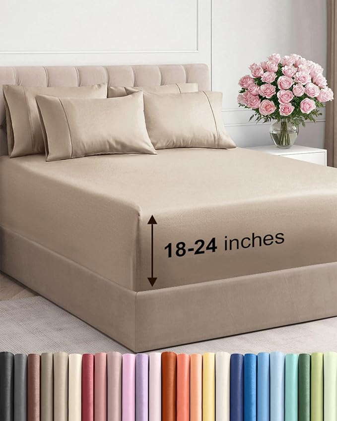 Extra Deep Queen Sheet Set - 6 Piece Breathable and Cooling Sheets - Hotel Luxury Bed Sheets Set - Easy & Secure Fit - Soft, Wrinkle Free and Comfy Sheets Set - Cream Sheet Set with Extra Deep Pockets