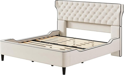 Christopher Knight Home Salus Linen Upholstered King Size Bed Frame with Headboard, Modern King Bed Frame and Headboard, Wooden Slats Support, Easy Assembly, No Box Spring Needed, Beige